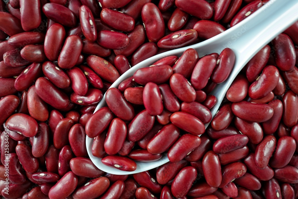 Pile of Red kidney beans in white spoon Pile of Red kidney beans in white spoon