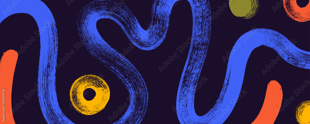 Funky contemporary banner background with squiggled brush strokes and dots.
