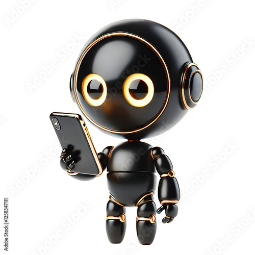 Cute 3D black robot with golden eyes holding phone in side view isolated on white background