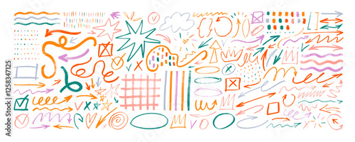 Colorful brush and crayon drawn doodle shapes, scribbles and squiggles. Funky pencil arrows, stars.