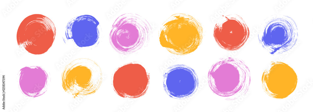 Colorful grunge brush drawn circles collection. Vector ink illustration with rough edges.