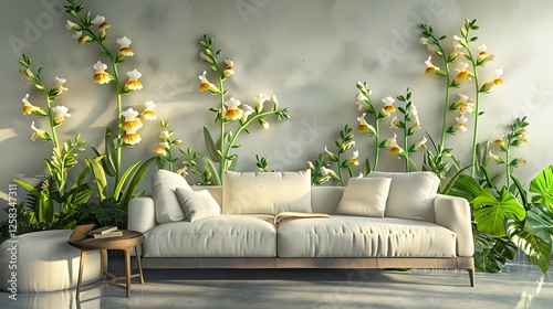 Vivid 3D artwork of snapdragons on a wall, with a chic lounge mockup on the side. photo