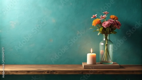 Serene Still Life with Burning Candle and Colorful Flowers in Glass Vase on Wooden Shelf Against Teal Wall