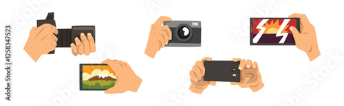 Human Hand with Camera and Smartphone Shooting and Filming Vector Set