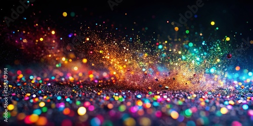Abstract Colorful Glitter and Smoke in Low Light, Black Background Stock Photo