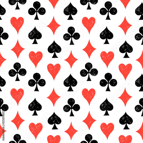 Seamless pattern with red and black crayon drawn hearts, diamonds, clubs, spades. Gambling game, casino symbol vector illustration. Hand drawn vector funky wrapping paper with abstract card suits.