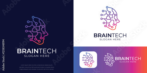 Brain tech logo design, futuristic circuit board-inspired human head profile for AI, technology, innovation, startup, neural networks, software development, and digital transformation companies.