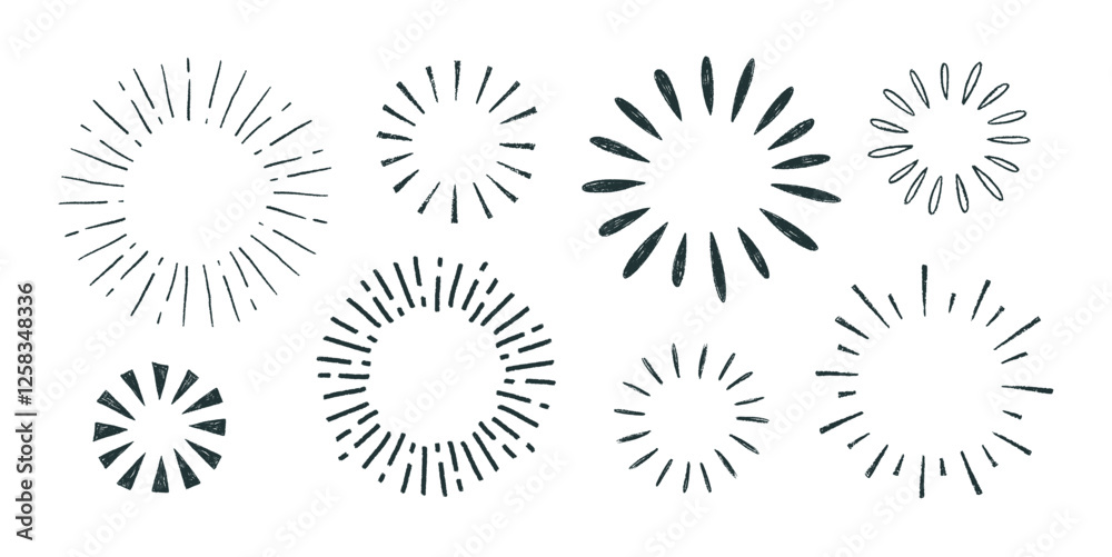 Crayon drawn circle sunburst shapes collection. Vector ink illustration of sun beams, attention emphasis circles. Decorative doodle funky round shapes. Hand drawn sunburst sparkle ray elements. Crayon drawn circle sunburst shapes collection. Vector ink illustration of sun beams, attention emphasis circles. Decorative doodle funky round shapes. Hand drawn sunburst sparkle ray elements.