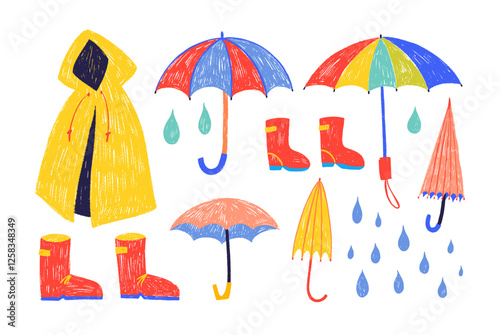 Colorful doodle folded and open umbrellas, rainy weather icons, rain coat and weather drops stickers
