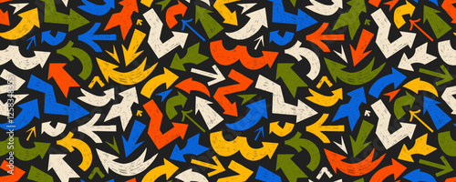 Multi colored seamless pattern with bold arrows with crayon or chalk texture. Seamless banner design in retro style.