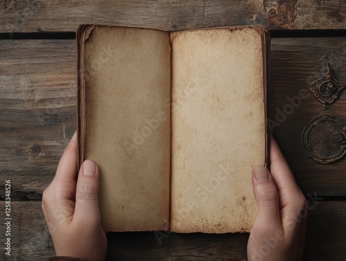 Aged Book in Hands on Rustic Wooden Surface with Antique Lock Detail Revealing Secrets of Yore