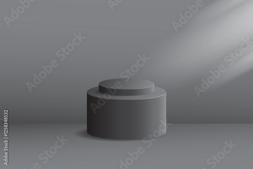 Minimalist 3D podium with graduated cylinders in soft gray color. With subtle lighting creates a modern and elegant atmosphere, suitable for mockups, presentations or abstract concepts.