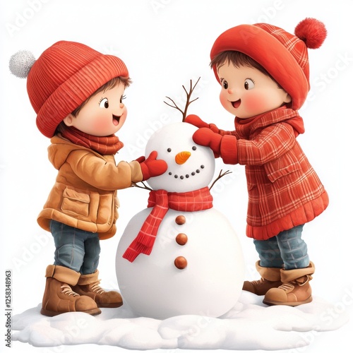 Cheerful Children Building Snowman in Winter Wonderland with Bright Colors and Joyful Expressions