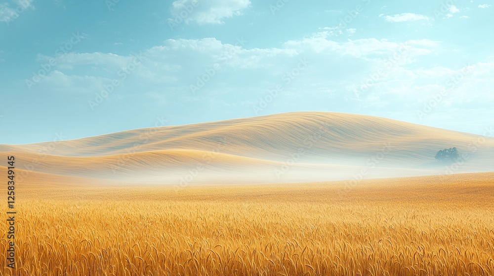 Fototapeta premium Golden wheat field under a clear blue sky with rolling hills and soft mist in the background
