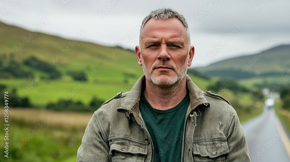 Portrait of a Scottish truck driver standing confidently on a scenic highway, surrounded by lush green hills and a cloudy sky, exemplifying resilience and the spirit of the open road. Portrait of a Scottish truck driver standing confidently on a scenic highway, surrounded by lush green hills and a cloudy sky, exemplifying resilience and the spirit of the open road.