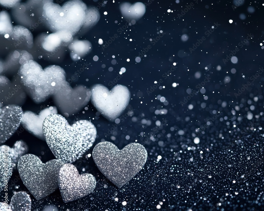 Fototapeta premium A deep navy and silver heart background, with tiny glimmering metallic hearts resembling elegant stardust floating in a night sky