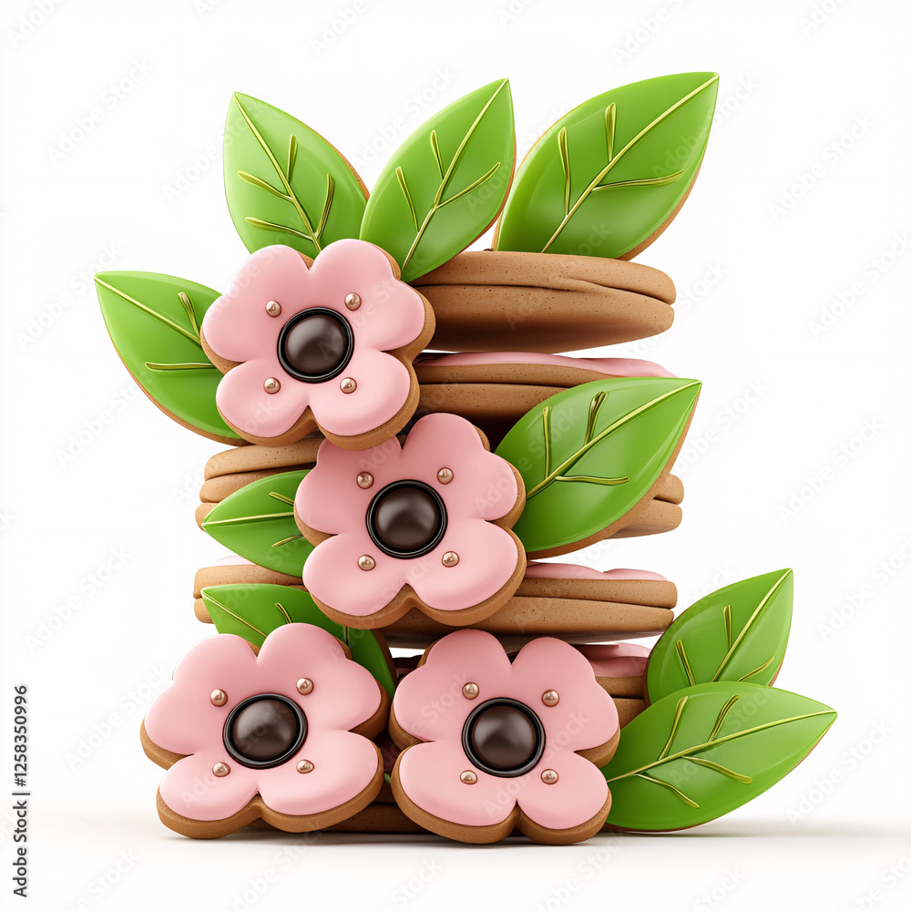 Stacked sandwich cookies interspersed with pink flower cookies and bright green leaves on a white background. Stacked sandwich cookies interspersed with pink flower cookies and bright green leaves on a white background.
