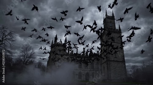 Slow Motion Shot of a Spooky Old Gothic Castle – Dark and Mysterious Architecture, Haunting Fog, Eerie Shadows, Ancient Stone Walls, Dramatic Cinematic Atmosphere, Chilling Halloween Vibes, Historic 