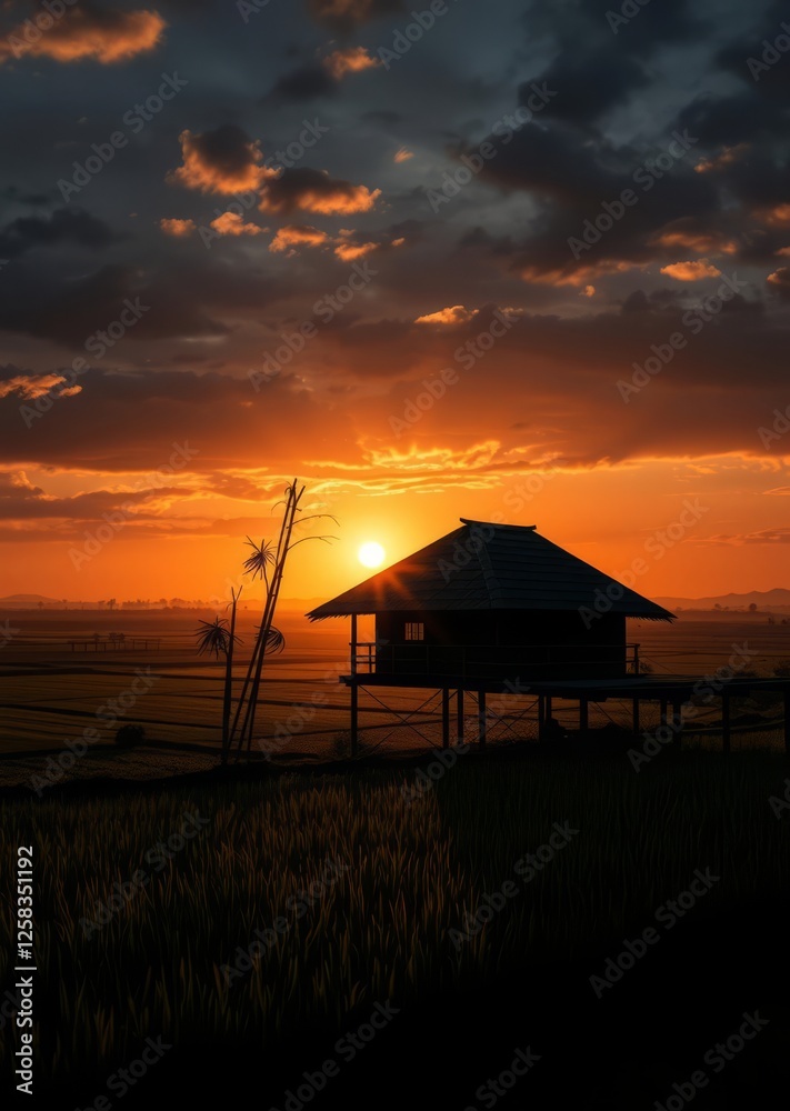 A bamboo house set against a panoramic view of rice fields with the sun setting on the horizon bamboo house background beautiful bamboo asian seaport baltic sea antebellum