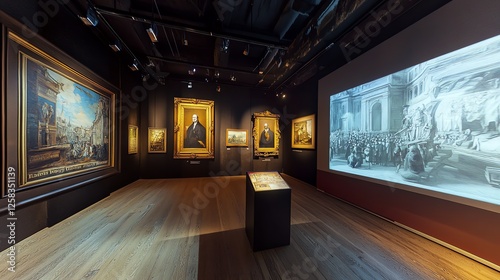 Art gallery showcasing classic paintings and modern digital displays.