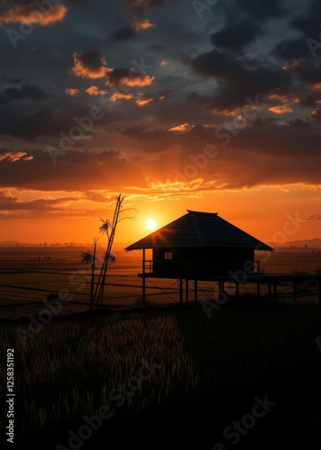 Obraz na płótnie A bamboo house set against a panoramic view of rice fields with the sun setting on the horizon bamboo house background beautiful bamboo asian seaport baltic sea antebellum w salonie