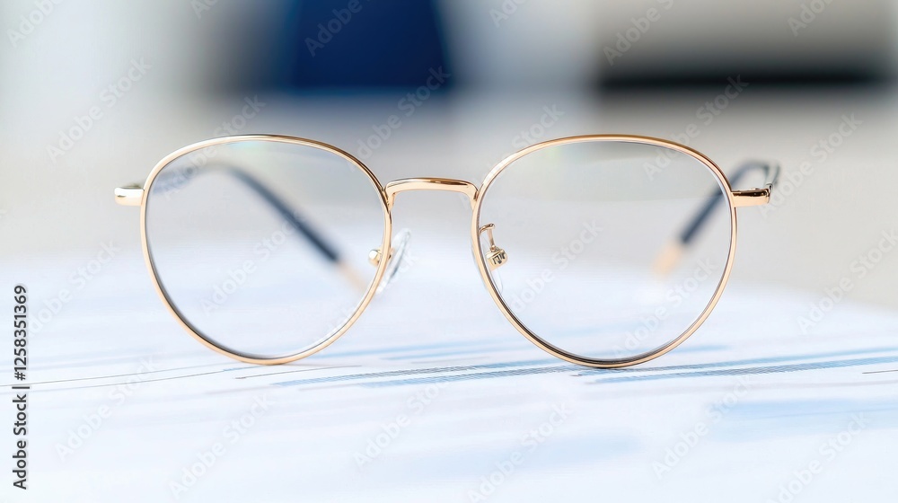 Eyeglasses on Report, Office Setting, Focus on Clarity, Suitable for Business Stock Photo Eyeglasses on Report, Office Setting, Focus on Clarity, Suitable for Business Stock Photo