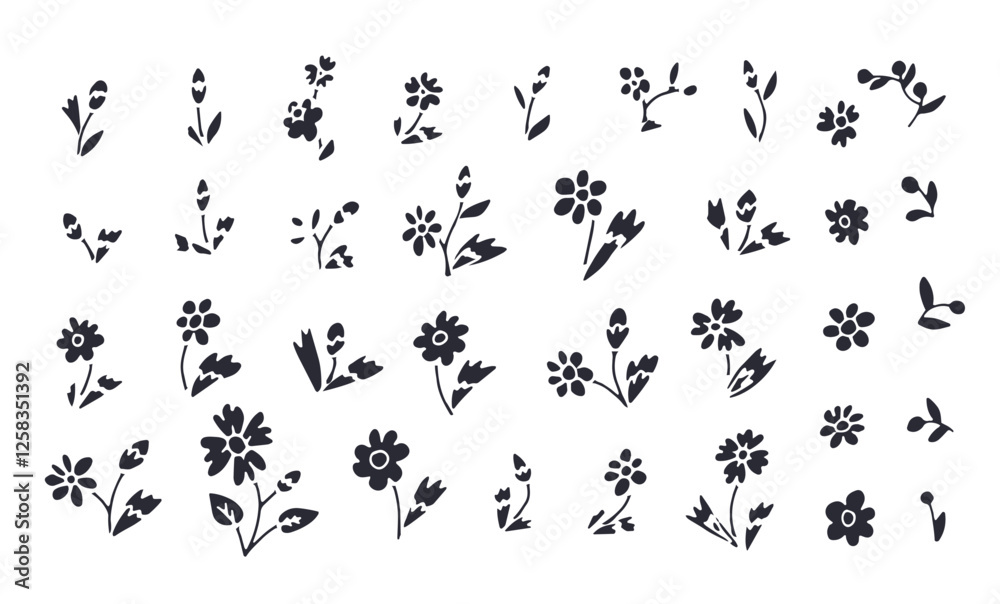 Hand drawn black and white outlined doodle daisy flowers set. Simple monochrome floral sketches bundle. Abstract botanical elements collection. Hand drawn black and white outlined doodle daisy flowers set. Simple monochrome floral sketches bundle. Abstract botanical elements collection.
