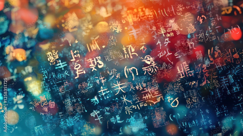 Fototapeta premium Abstract background with colorful Chinese characters and bokeh lights.