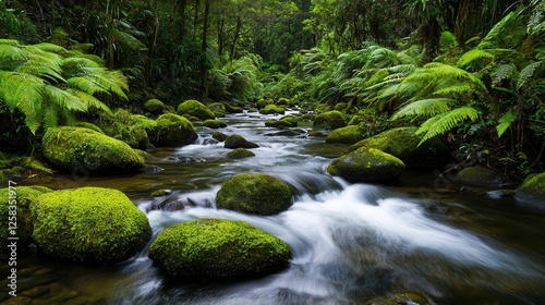 Serene Flowing Stream Surrounded by Lush Green Forest Landscape