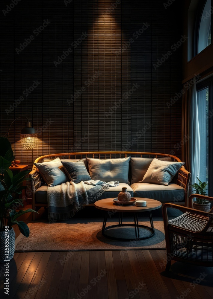 Luxury living room interior with comfortable bamboo sofa with pillows plants blanket and mockup bamboo house background beautiful bamboo asian seaport baltic sea antebellum