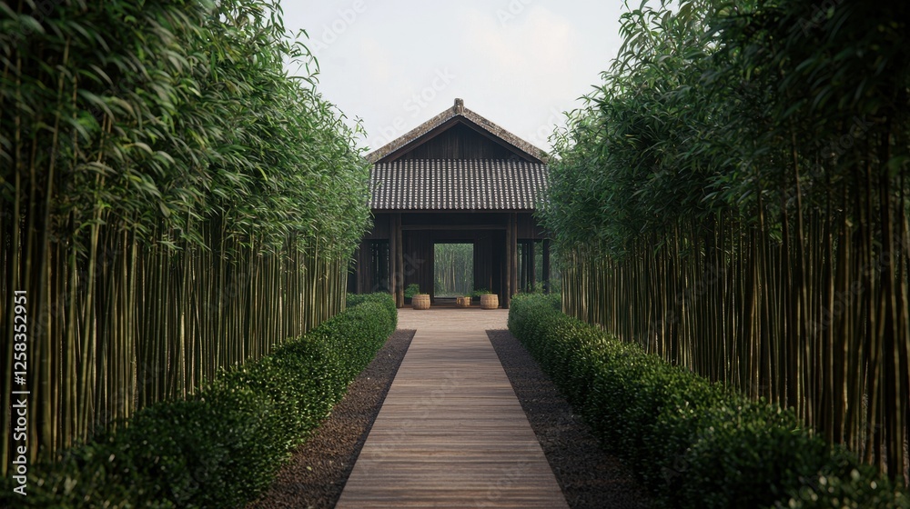 Serene Pathway Through Bamboo Grove Leading to Tranquil Cabin Serene Pathway Through Bamboo Grove Leading to Tranquil Cabin