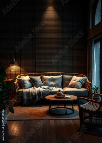 Obraz na płótnie Luxury living room interior with comfortable bamboo sofa with pillows plants blanket and mockup bamboo house background beautiful bamboo asian seaport baltic sea antebellum w salonie