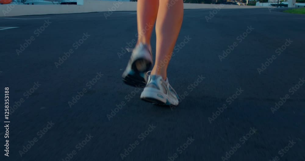 Close up camera follow of woman in sneakers on morning or sunset run. Working out, gentle slow motion run to clear the head. Slim fit person jogging on asphalt Close up camera follow of woman in sneakers on morning or sunset run. Working out, gentle slow motion run to clear the head. Slim fit person jogging on asphalt