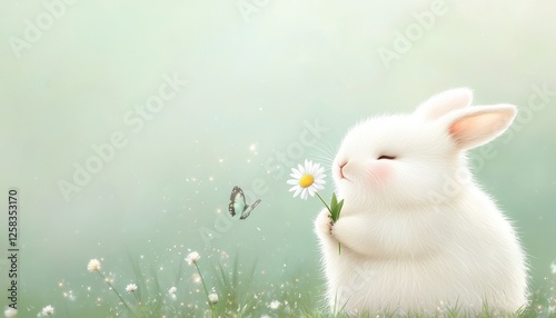 A fluffy bunny with blushing cheeks holding a daisy, sitting on a soft pastel green meadow with tiny butterflies and floating sparkles