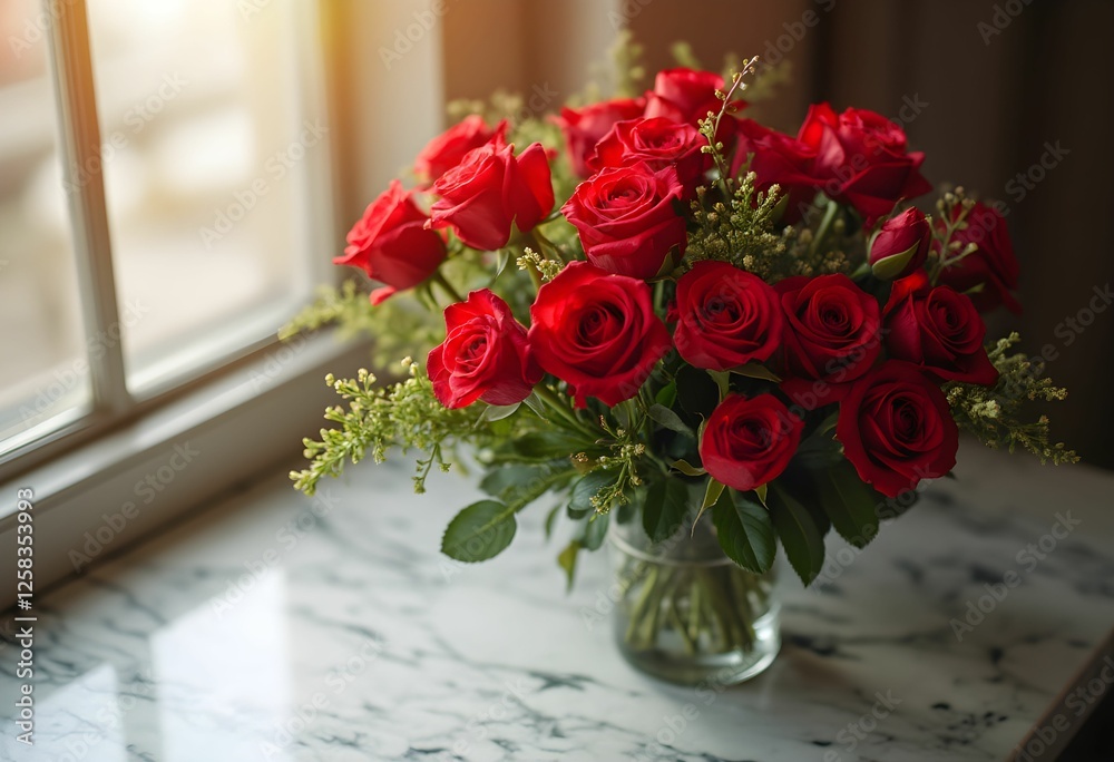 Obraz premium Red Roses on Marble with Sunlight