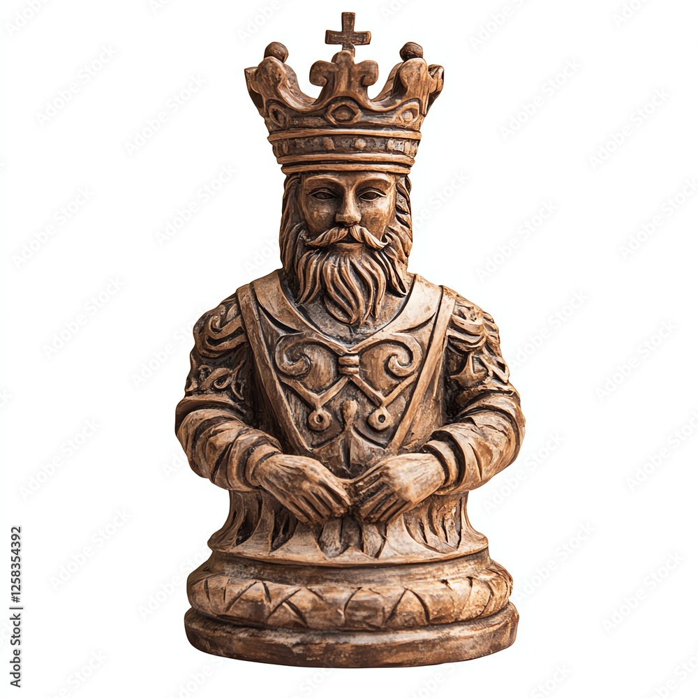 Wooden carved king statue with intricate details on a white isolated background. Wooden carved king statue with intricate details on a white isolated background.