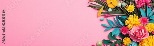 Colorful paper flowers on pink background create vibrant design photo