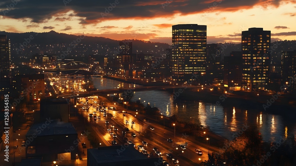 Obraz premium Night Cityscape with River and City Lights