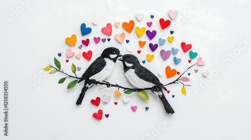 A delightful illustration of two lovebirds sharing a sweet moment on a leafy branch, enveloped in a flurry of colorful hearts that suggest a romantic celebration.