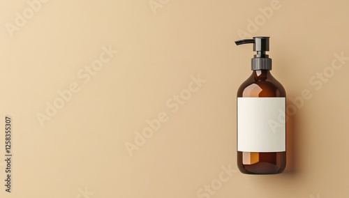 A blank white label on an amber glass bottle with a pump for body wash or shampoo, set against a neutral beige background.