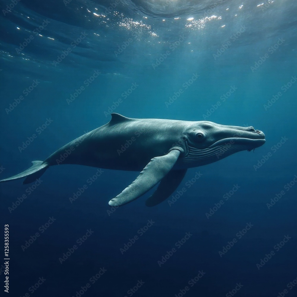 Fototapeta premium Large grey whale silhouette on dark blue ocean background, ocean, silhouette, water