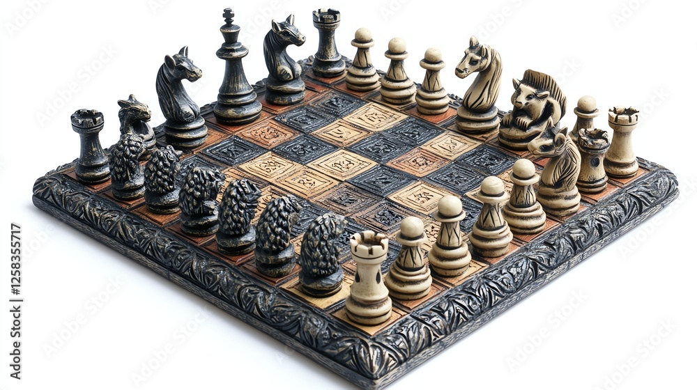 Chessboard with black and white pieces on a detailed wooden board. Chessboard with black and white pieces on a detailed wooden board.