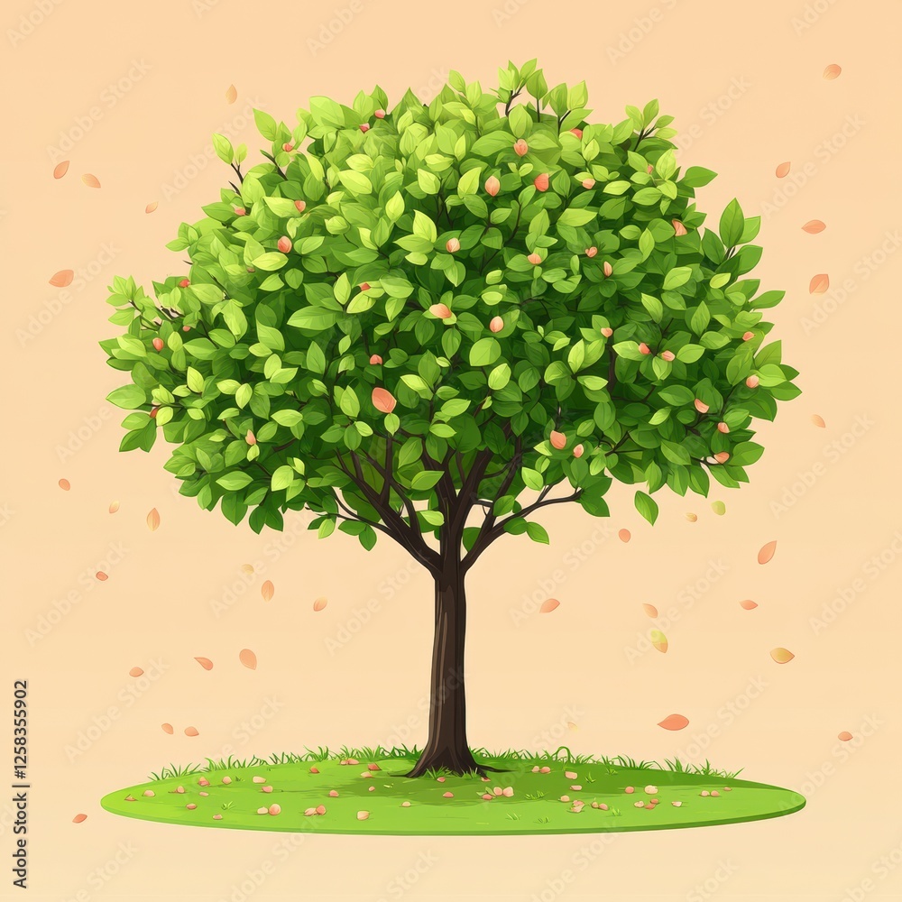 Fototapeta premium Enchanting Tree Illustration Displaying a Tranquil Scene with Gently Falling Leaves in a Serene Setting