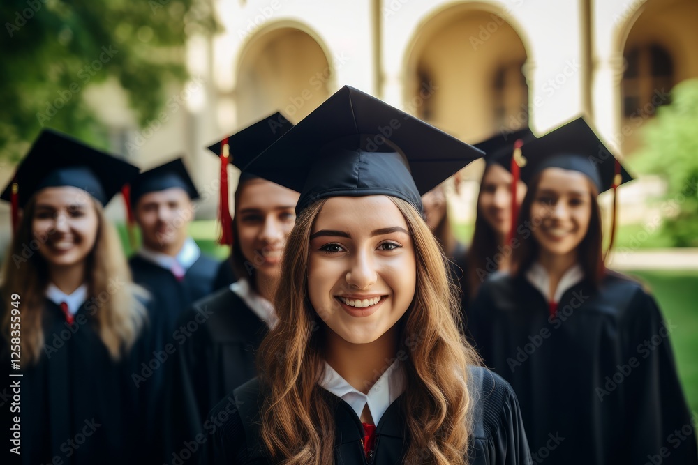 A happy group of graduates at the graduation ceremony. The multiracial students are dressed in festive black robes and graduate hats. A happy group of graduates at the graduation ceremony. The multiracial students are dressed in festive black robes and graduate hats.