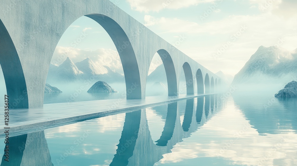 Fototapeta premium Arched passageway over still waters leading to misty mountain vista