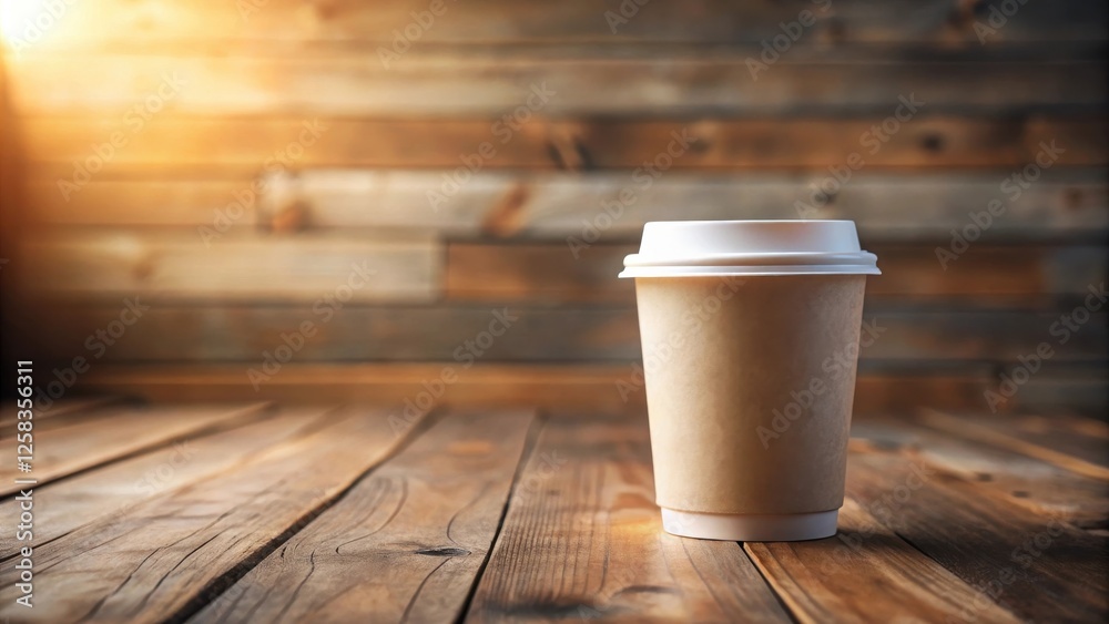 A single disposable coffee cup sits on a rustic wooden table against a blurred wooden background A single disposable coffee cup sits on a rustic wooden table against a blurred wooden background