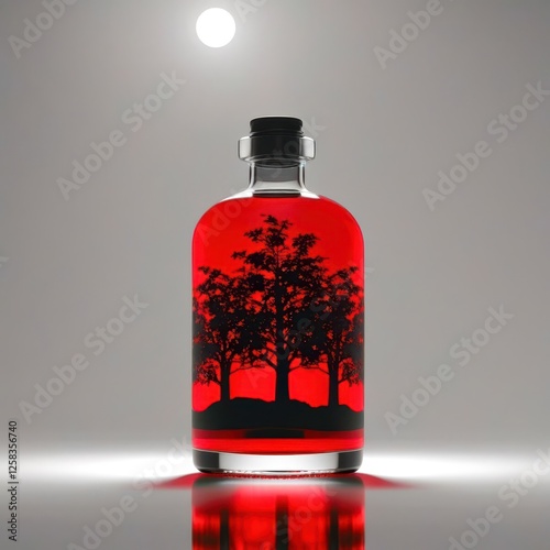 Bottle of red liquor with a tree on it photo