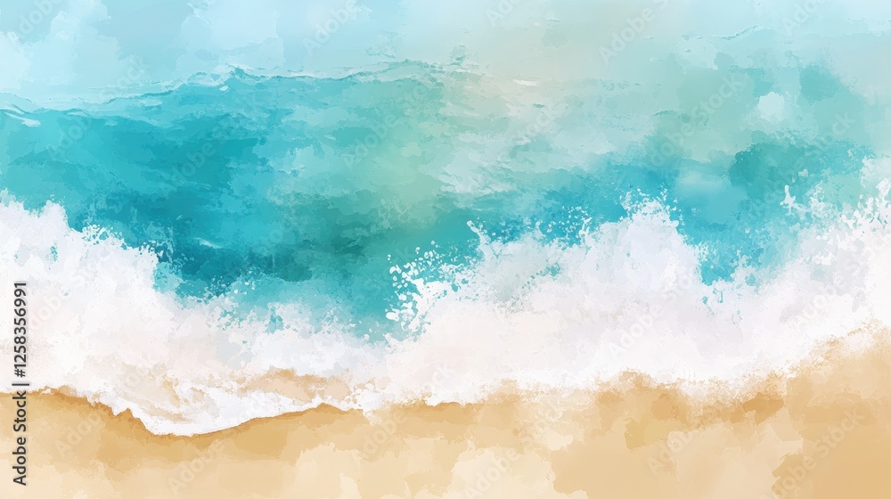 Artistic watercolor ocean scene with turquoise waters and sandy shore Artistic watercolor ocean scene with turquoise waters and sandy shore