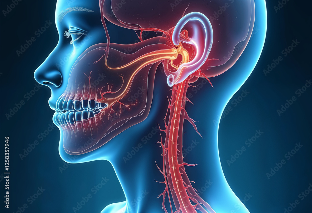Human skull eardrum and brain anatomy, human body internal organs ear, neck and nerves, body overlay. Generative AI Human skull eardrum and brain anatomy, human body internal organs ear, neck and nerves, body overlay. Generative AI