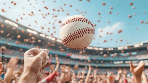Excitement in the Stadium as a Baseball Soars Through the Air Amidst Cheering Fans and Confetti Celebration